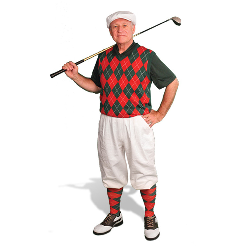 Mens White, Red & Dark Green Sweater Golf Outfit