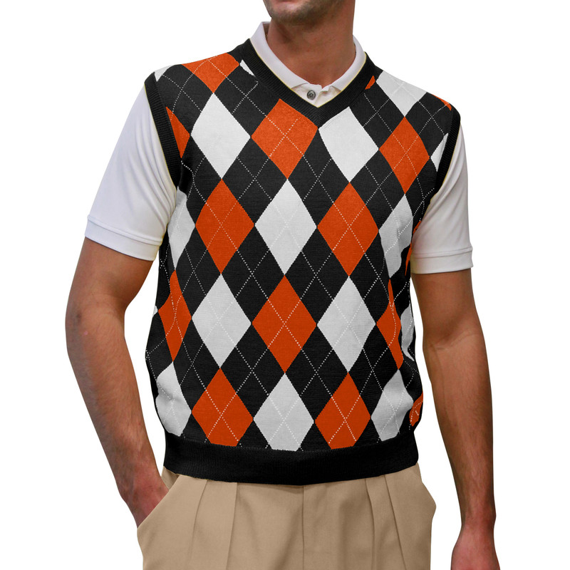 Argyle Golf Sweater Vest | Black/Orange/White | Mens