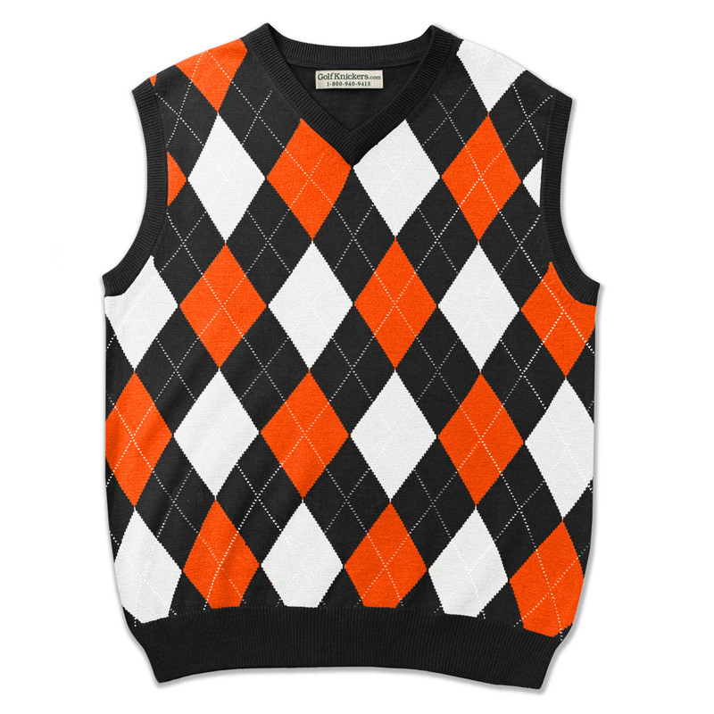 Argyle Golf Sweater Vest | Black/Orange/White | Mens