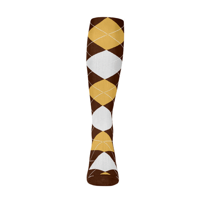 Youth Over the Calf Argyle Sock Brown, Gold and White 360 View