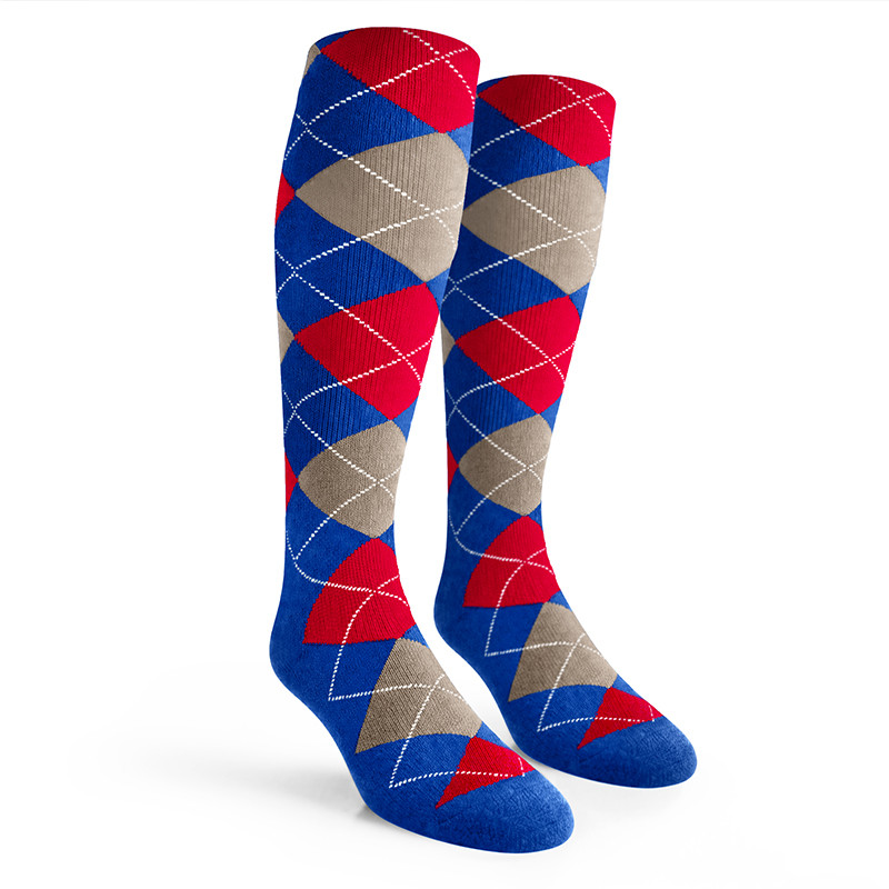 Argyle Socks - Ladies Over-the-Calf - BBBB: Royal/Taupe/Red