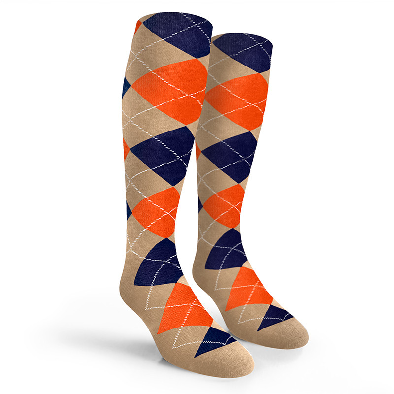 Argyle Socks - Mens Over-the-Calf - PP: Khaki/Orange/Navy