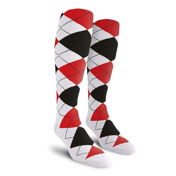 Mens Over the Calf Argyle Socks White, Black and Red