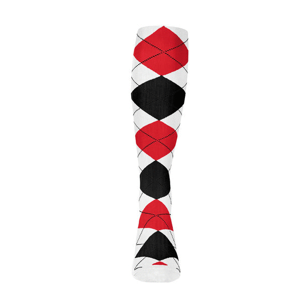 Mens Over the Calf Argyle Sock White, Black and Red 360 View