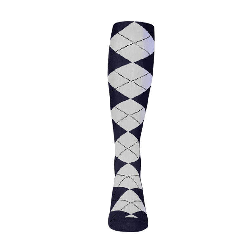 Ladies Over the Calf Argyle Sock Navy and White 360 View