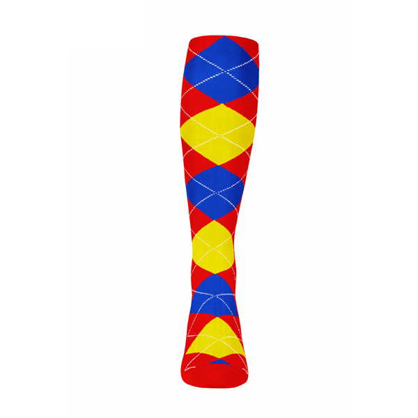 Mens Over the Calf Argyle Sock Red, Yellow and Royal Blue 360 View