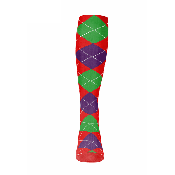 Mens Over the Calf Argyle Sock Red, Purple and Lime 360 View