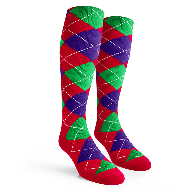 Argyle Socks - Mens Over-the-Calf - 5C: Red/Purple/Lime
