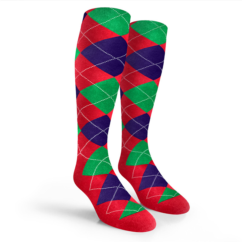 Argyle Socks - Mens Over-the-Calf - 5C: Red/Purple/Lime