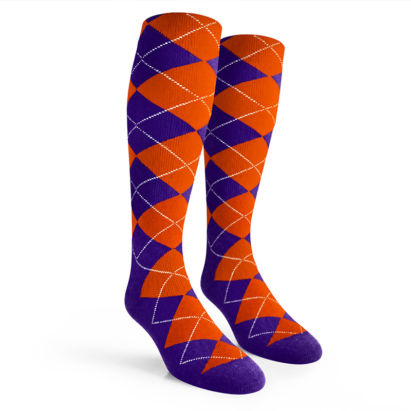 Argyle Socks - Mens Over-the-Calf - 5D: Purple/Orange
