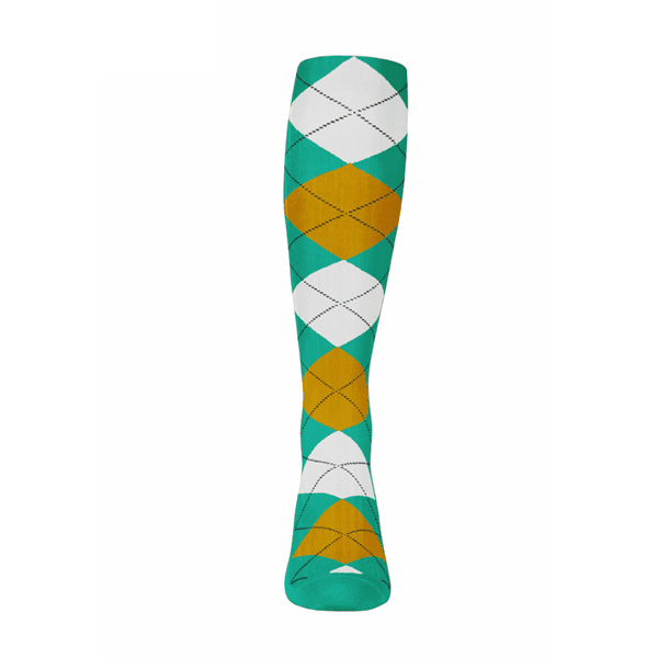 Mens Over the Calf Argyle Sock Teal, Gold and White 360 View