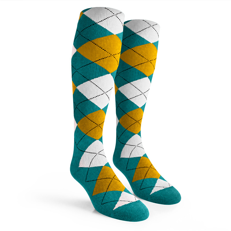 Argyle Socks - Mens Over-the-Calf - 5G: Teal/Bronze/White