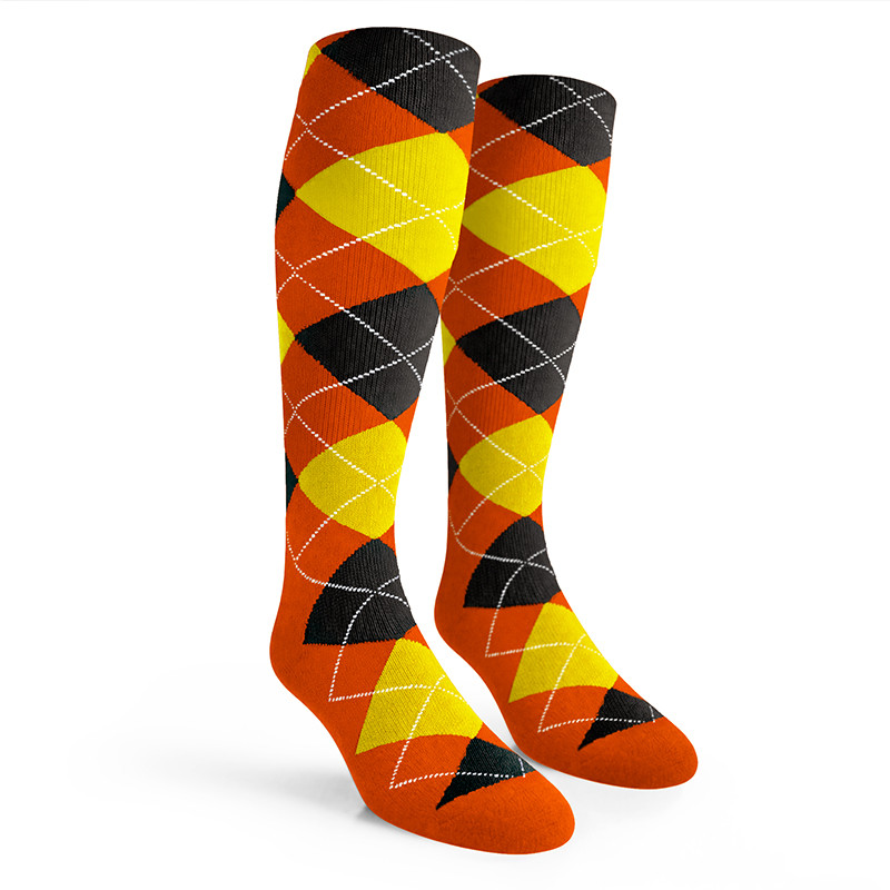 Argyle Socks - Mens Over-the-Calf - 5I: Orange/Yellow/Black