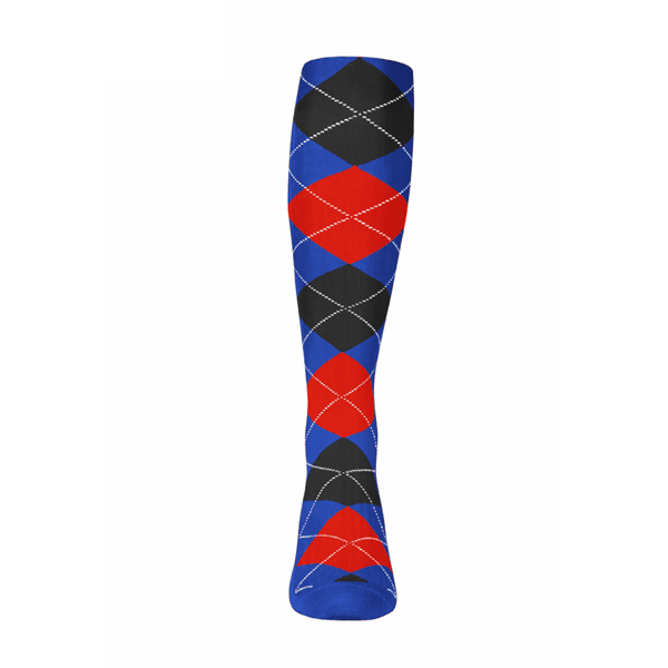 Mens Over the Calf Argyle Sock Royal Blue, Red and Black 360 View