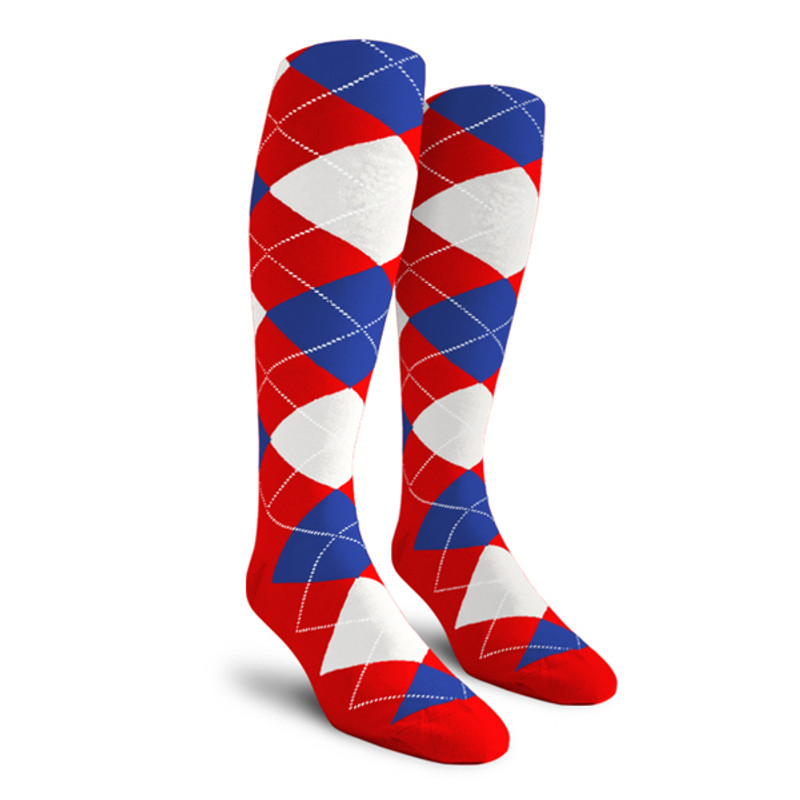 Mens Over the Calf Argyle Socks Red, White and Royal Blue