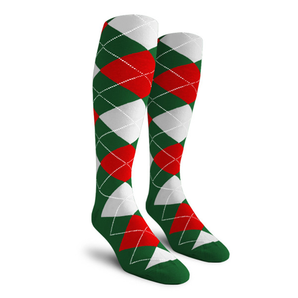 Mens Over the Calf Argyle Socks Dark Green, Red and White