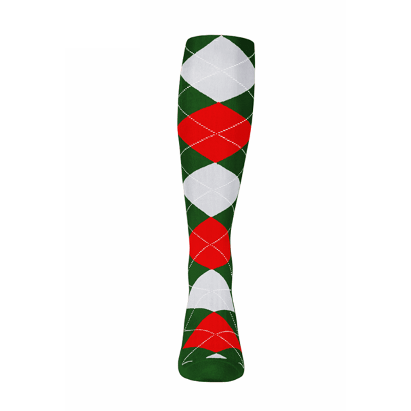 Mens Over the Calf Argyle Sock Dark Green, Red and White 360 View