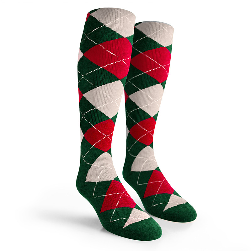 Argyle Socks - Mens Over-the-Calf - 5L: Dark Green/Red/White