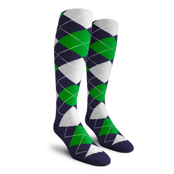 Mens Over the Calf Argyle Socks Navy, Lime Green and White