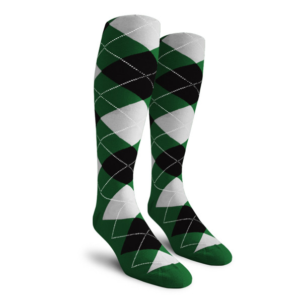 Mens Over the Calf Argyle Socks Dark Green, Black and White