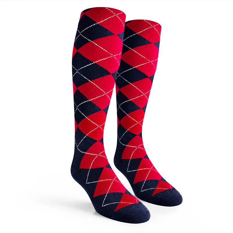 Ladies Over the Calf Argyle Socks Navy and Red
