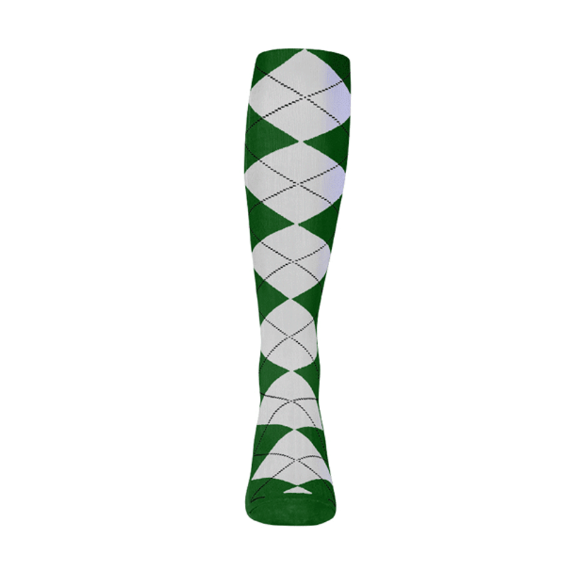 Ladies Over the Calf Argyle Sock Dark Green and White 360 View