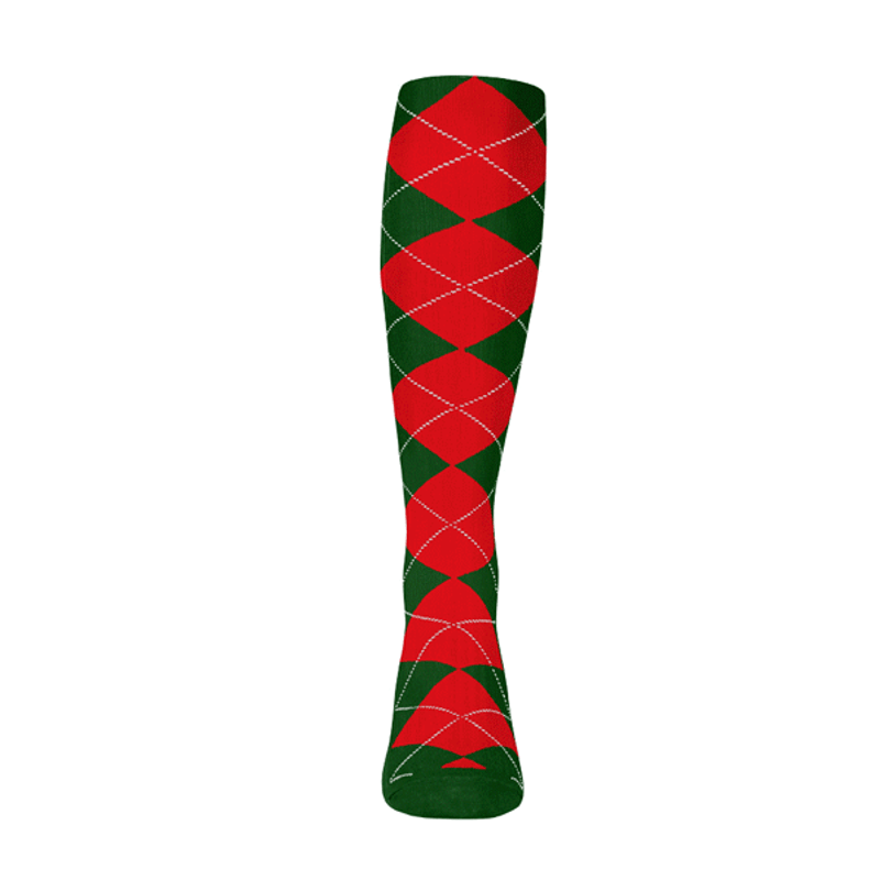 Ladies Over the Calf Argyle Sock Dark Green and Red 360 View