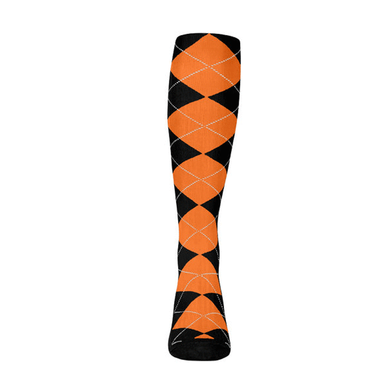 Ladies Over the Calf Argyle Sock Black and Orange 360 View
