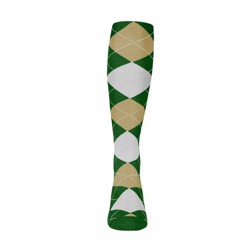 Ladies Over the Calf Argyle Sock Dark Green, Khaki and White 360 View
