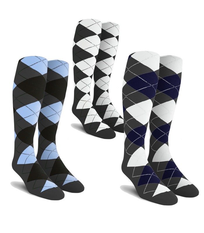 Three Argyle Socks Featuring Charcoal One Charcoal, Black and Light Blue Two Charcoal, Navy Blue and White Three Charcoal and White