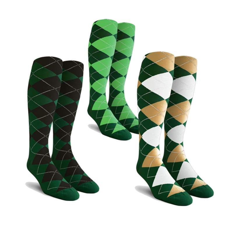 Three Argyle Socks Featuring Dark Green One Dark Green and Black Two Dark Green, Khaki and White Three Dark Green and Lime Green
