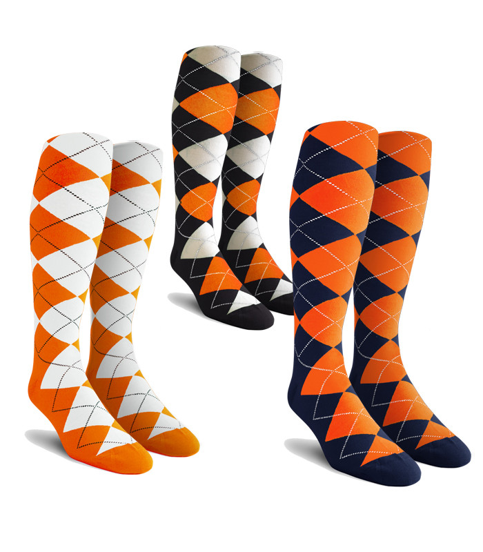Three Argyle Socks Featuring Orange One Orange and White Two Navy Blue and Orange Three Black, Orange and White
