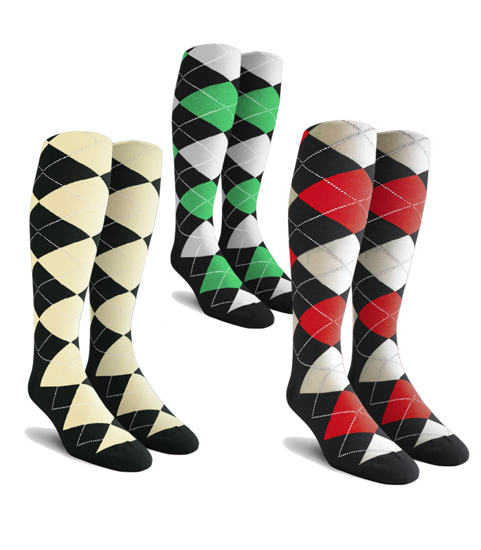 Three Argyle Socks Featuring Black One Black and Natural Two Black, Red and White Three Black, Lime Green and White