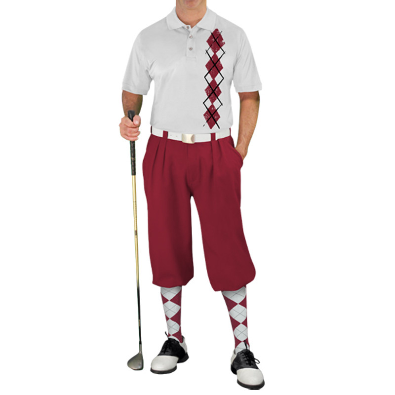 Mens Sport Pro Dry White Microfiber Shirt with Maroon Argyle Heaven Design with Maroon Golf Knickers and Maroon and White Argyle Socks