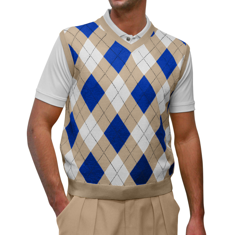 Argyle Golf Sweater Vest | Khaki/Royal/White | Mens