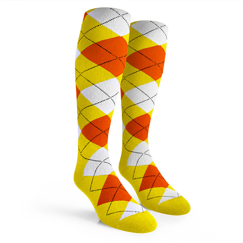 Ladies Over the Calf Argyle Socks Yellow, Orange and White