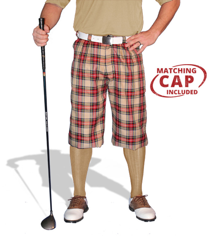 Mens Outdoor Sports Augusta Plaid Golf Knickers Front with Khaki Socks and Shirt