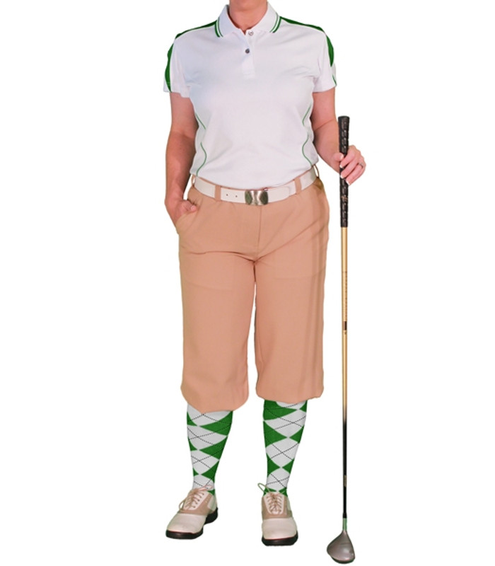 Ladies Sports Microfiber Duel Tone Wedge White and Dark Green Shirt with Khaki Golf Knickers and Dark Green