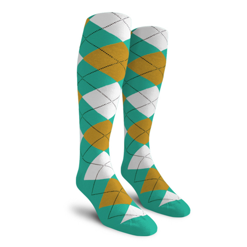 Youth Over the Calf Argyle Socks Teal, Gold and White