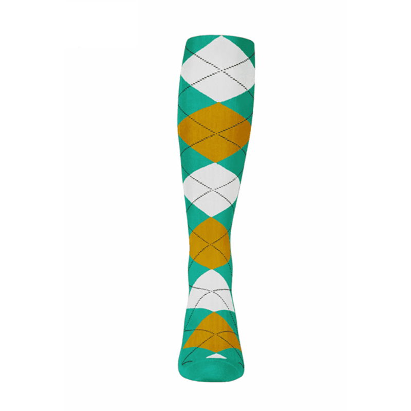 Youth Over the Calf Argyle Sock Teal, Gold and White 360 View