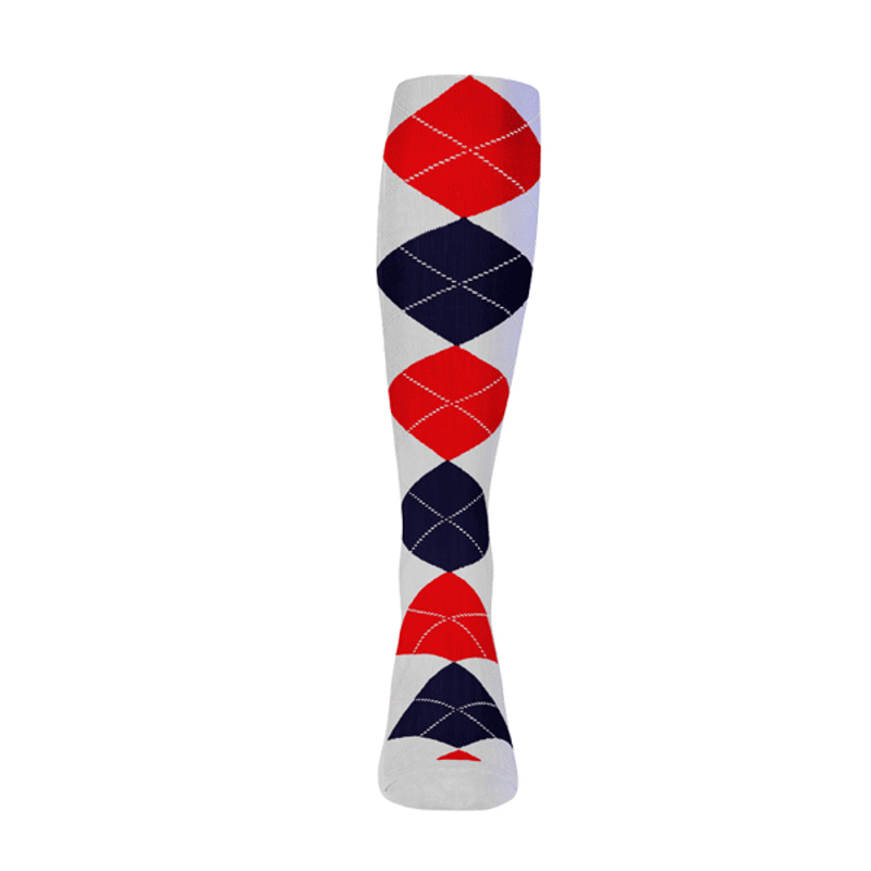 Youth Over the Calf Argyle Sock White, Navy and Red 360 View