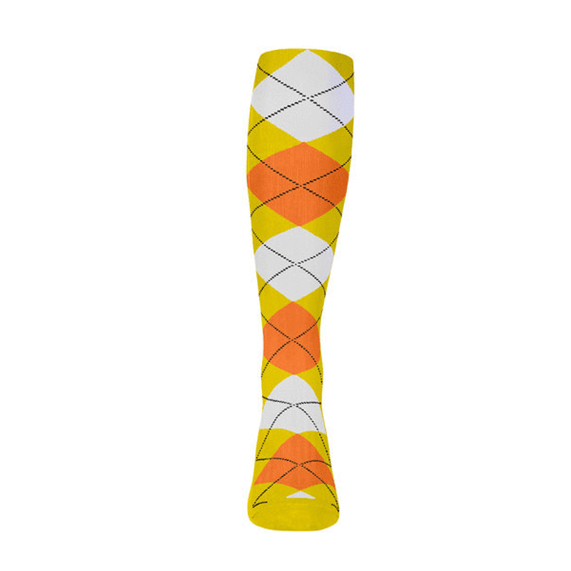 Youth Over the Calf Argyle Sock Yellow, Orange and White 360 View