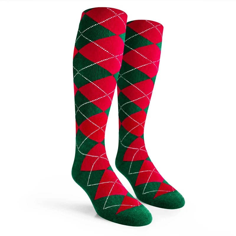 Youth Over the Calf Argyle Socks Dark Green and Red