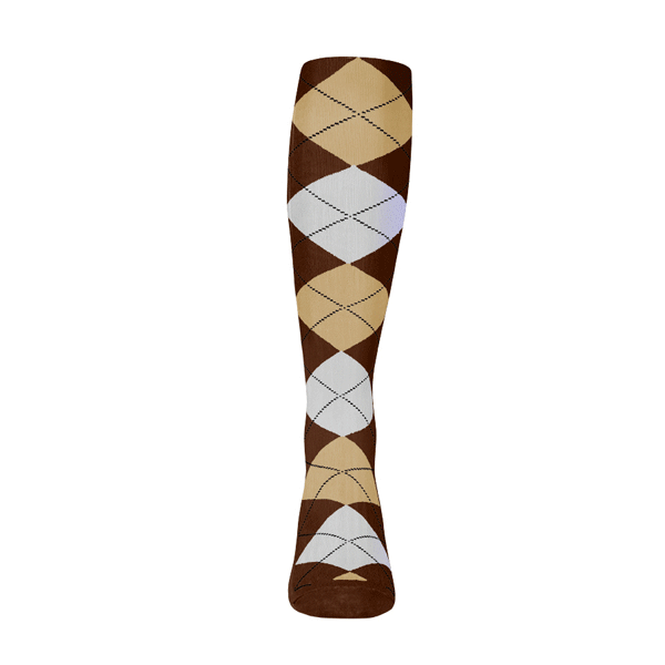 Ladies Over the Calf Argyle Sock Brown, Khaki and White 360 View