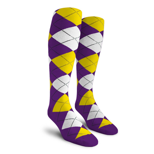 Mens Over the Calf Argyle Socks Purple, Yellow and White