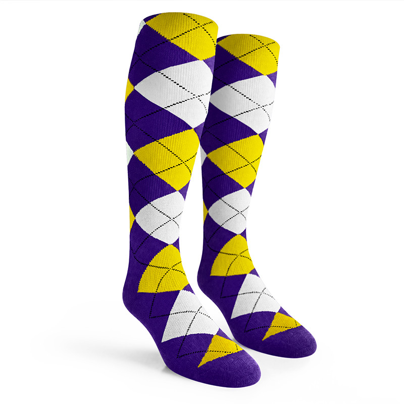 Argyle Socks - Mens Over-the-Calf - 5Q: Purple/Yellow/White