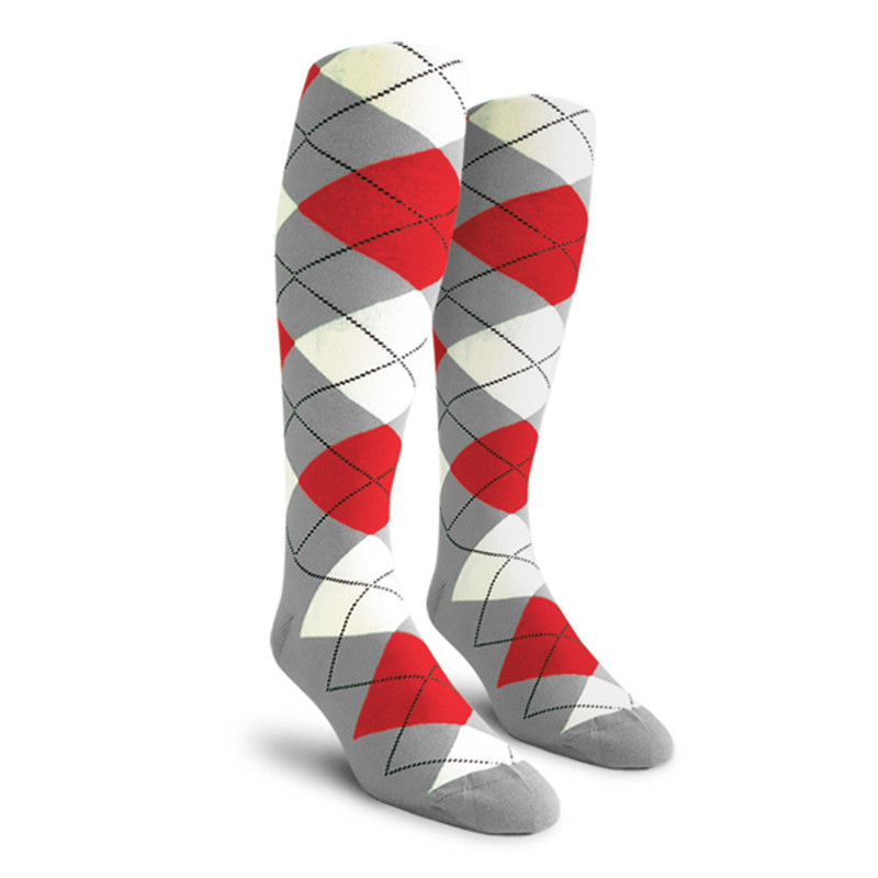 Mens Over the Calf Argyle Socks Taupe, Red and White