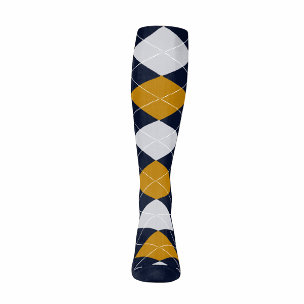 Mens Over the Calf Argyle Sock Navy, White and Gold 360 View