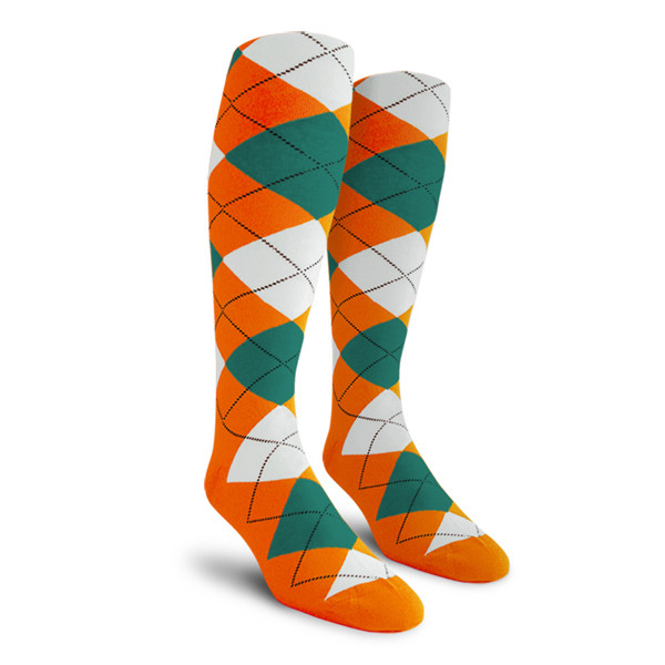 Mens Over the Calf Argyle Socks Orange, White and Teal