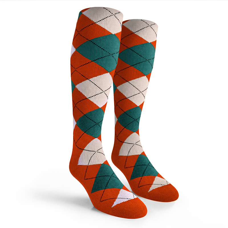 Argyle Socks - Mens Over-the-Calf - 5V: Orange/White/Teal